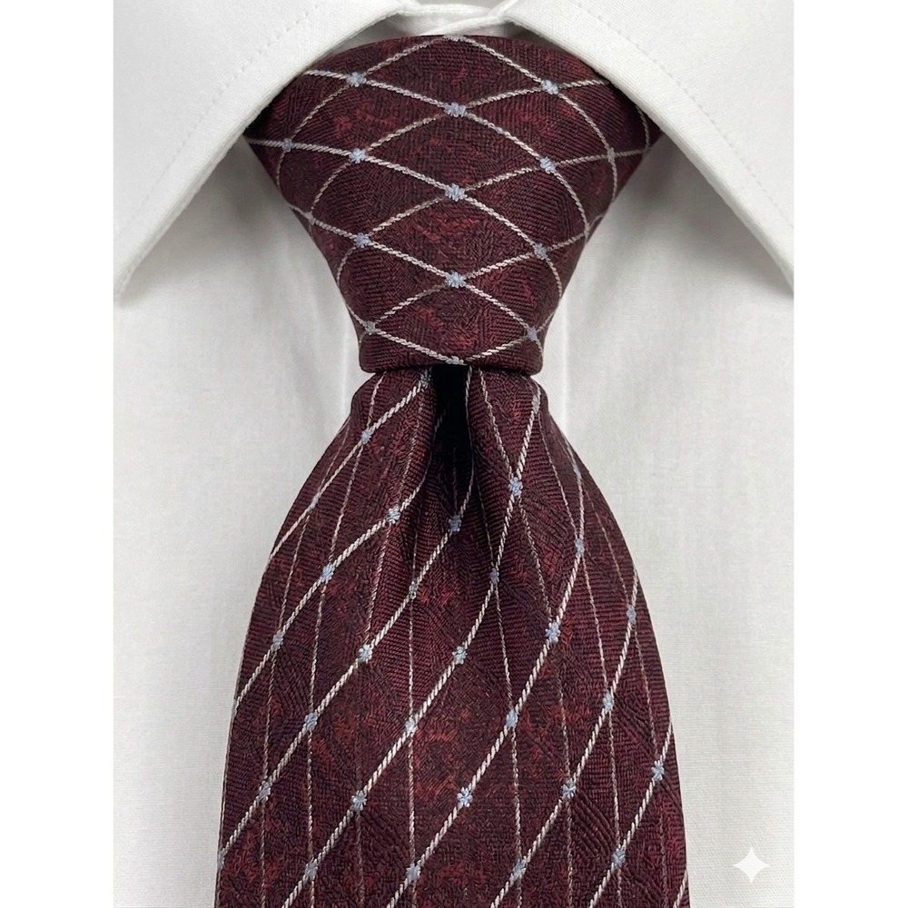 Canali Mens Silk Necktie Maroon Geometric Diamond Pattern Made in Italy 57x3.5